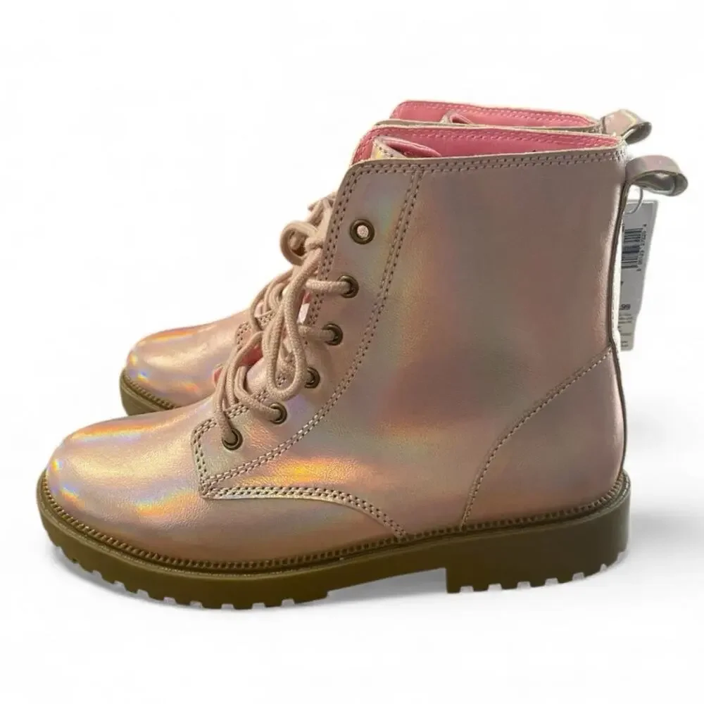 Old Navy Girls Combat Boots Size 4 Shimmer Pink Metallic Lace Up Girl Glam NEW